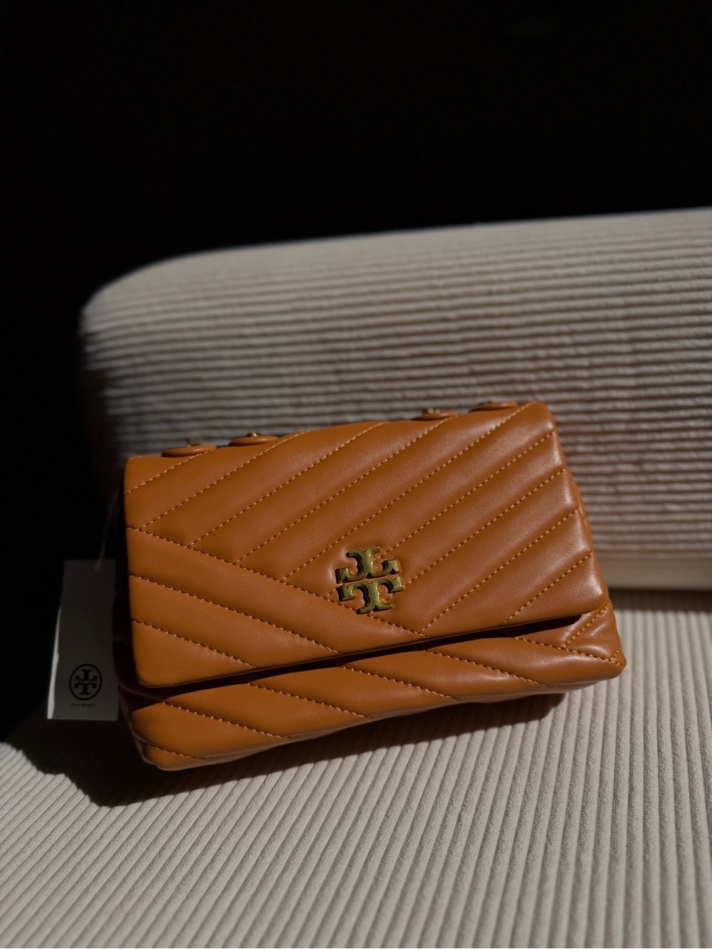 Tory Burch Caramel Quilted Leather Crossbody with Gold Logo